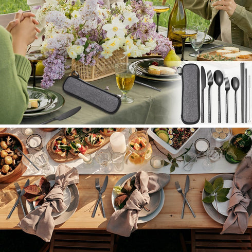MURRI&MURRDI 8 Pieces Portable Reusable Cutlery Set,Travel Utensils Set with Case, Stainless Steel Flatware Set Including Knife Fork Spoon Chopsti...
