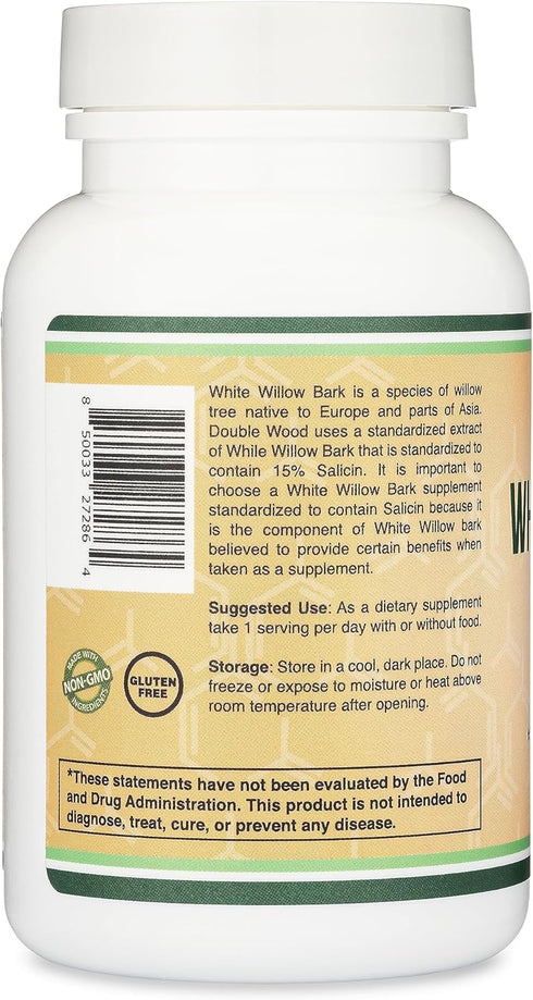 White Willow Bark Capsules 800mg per Serving, 120 Count (Willow Bark Extract Std. to 15% Salicin for Joint and Muscle Relief), Vegan Safe, Non-GMO...