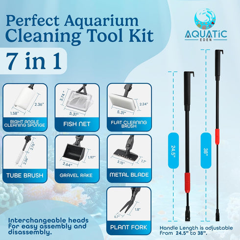Aquarium Cleaning Tools 7 in 1 - Fish Tank Cleaning Kit with Algae Scraper, Scrubber Pad, Adjustable Telescopic Long Handle, Fish Net, Gravel Rake...