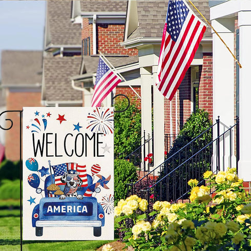 Weclome 4th of July Garden Flag Dog Patriotic Truck Flags 12 x 18 Inch Double Sided Burlap Small Fourth July Flag for Outside American Memorial Da...
