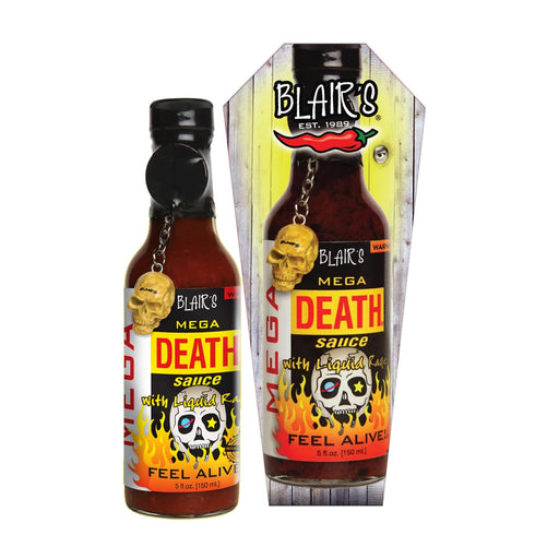 Blair's Mega Death Hot Sauce 5 Oz with Habaneros, Cayenne - 650x hotter than a Jalapeno - with Liquid Rage & Skull Key Chain...