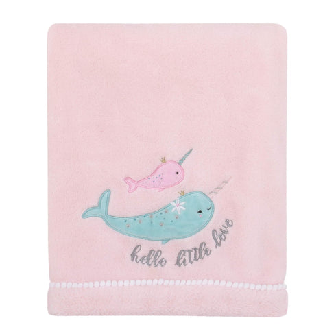 NoJo Under The Sea Whimsy Pink and Blue Narwhals Super Soft Appliqued Baby Blanket...