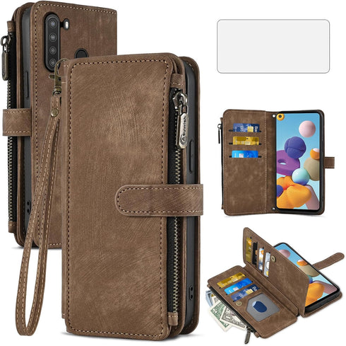 Asuwish Phone Case for Samsung Galaxy A21 Wallet Cover and Tempered Glass Screen Protector Leather Flip Credit Card Holder Stand Lanyard Wrist Str...