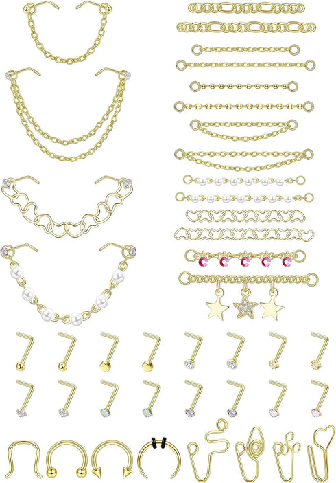 20G Nose Rings Studs with Chains African Nose Ring Cuff Horseshoe Septum Rings Stainless Steel Star Heart Nose Ring Chain Piercing Jewelry Set for...