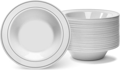 Silver Rimmed White Bowls - 5 ounce - 50 Count - Hard Plastic - Disposable or Reusable - Dessert Bowls - Salad Bowls- Cereal Bowls - Pasta Bowls...