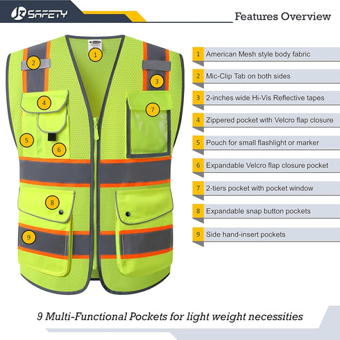 JKSafety 9 Pockets Security Hi-Vis Reflective Safety Vest | HQ Mesh Lite Neon Yellow Body Color Orange Trimming | ANSI/ISEA Compliance (JK100 SEC ...