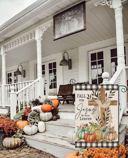 Fall Cross Garden Flag 12x18 Double Sided,Religious Cross Fall for Jesus Buffalo Plaid with Pumpkins Small Yard Flags for Outside,Seasonal Flags f...