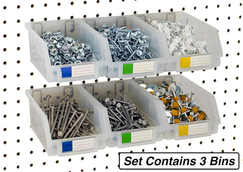 Pegboard Bins – 3 Pack Clear Large - Hooks to Any Peg Board - Organize Hardware, Accessories, Attachments, Workbench, Garage Storage, Craft Room, ...