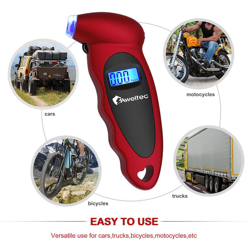 Digital Tire Pressure Gauge 150 PSI, 4 Settings, Tire Gauge for Car, Truck, Motorcycle, Bicycle with Backlit LCD and Non-Slip Grip (Red)...