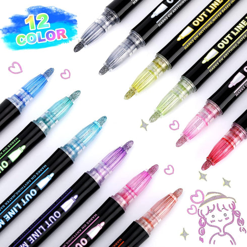 Doodle Markers,12 Colors Outline Metallic Markers Double Line Pens, Paint Permanent Marker Pens for Art, Drawing, Thank You Cards, Greeting Cards,...