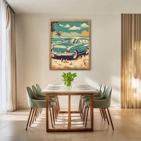 Posterizer 1 pcs-vintage retro cars on the beach poster 1-Retro Art-Landscape & Nature Art- Gift for Nature, Surfers and Beach Lovers- unframed wa...