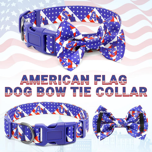 BiPawTi American Flag Dog Collar with Bowtie, 4th of July Dog Collar Holiday Pet Gift, Blue Pride Patriotic Dog Collar, USA Dog Collar for Indepen...