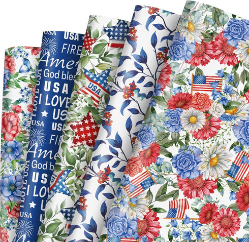 Whaline 10 Sheets Patriotic Floral Wrapping Paper 4th of July Flower Bouquet Star American Flag Gift Wrap Paper Bulk Folded Flat DIY Craft Art Pap...