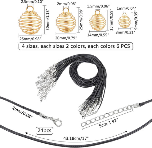 PH PandaHall 72pcs Spiral Bead Cage Pendants Set 48pcs 4 Sizes Iron Stone Holder Cage Necklace Pendants with 24pcs Leather Cord for Jewelry Making...
