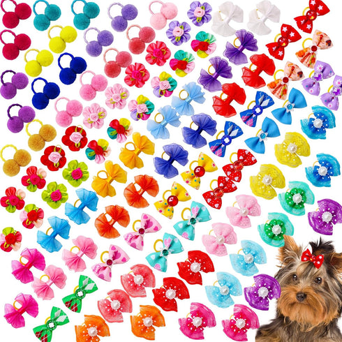 100pcs Dog Hair Bows, Bulk Cute Puppy Pet Small Dog Hair Bows with Rubber Bands, Mix Handmade Flower Puff Ball Rhinestone Pearls Dog Bows, Yorkie ...