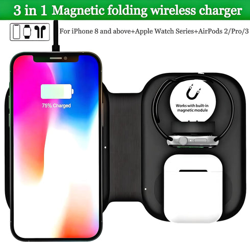 Three in One Charger for Apple Products, Travel iPhone Charger 3 in One Foldable, 3in 1 Apple Charging Station, for iPhone 14 13 12 Pro XS XR, Air...