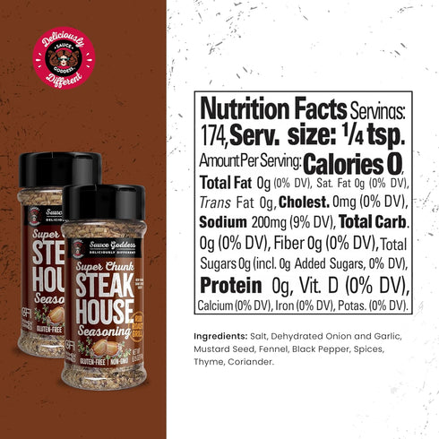 Sauce Goddess Super Chunk Steakhouse Spice Shaker (2-Pack) - Versatile, Delicious Steak Seasoning, BBQ Rub for Chops, Chicken and Veggies! Gluten-...
