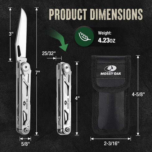 Mossy Oak 12-in-1 Multitool Pocket Knife with Pouch, Stainless Steel Multitool Knife with Clip, Survival Tools with Scissors, Bottle Opener, Wire ...