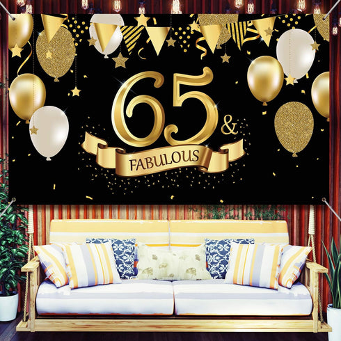 65th Birthday Black Gold Party Decoration, Large Fabric Black Gold Sign Poster for 65th Anniversary Backdrop Banner, 65th Birthday Party Supply Ph...