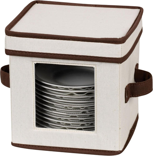 Household Essentials Saucer Storage Box, Holds 12 Saucers with Felt Protectors, Windowed Panel, 2 Riveted Handles, Foldable and Stackable Box...