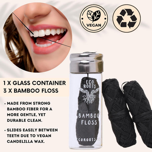 Natural Bamboo Dental Floss: 1 Refillable Glass Container + 3 Biodegradable Bamboo Floss Refill (33 Yards Each), Eco-Friendly, Vegan, Non-Toxic Na...