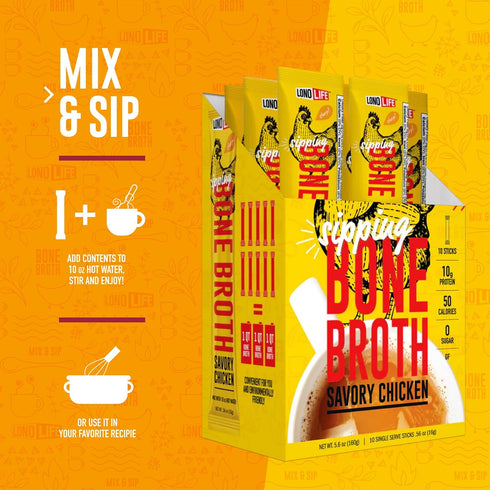 LonoLife Reduced Sodium Chicken Bone Broth Powder Mix | 10g Protein | Collagen-Rich, Keto & Paleo Friendly | Natural Ingredients | 10 Portable Sti...
