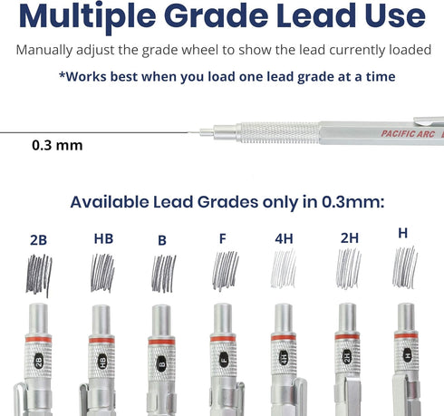Pacific Arc Chromagraph Metal Mechanical Pencil .3 mm Silver Barrel Mechanical Pencil with Built In Adjustable Pencil Grade, Lead Pencil Holder fo...