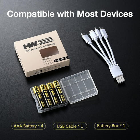HW Rechargeable Li-ion AAA Battery, Li-ion USB Rechargeable AAA Battery Constant Output 1.5V, 1 Hour Fast Charge with USB Cable,1000 Cycles Charge...