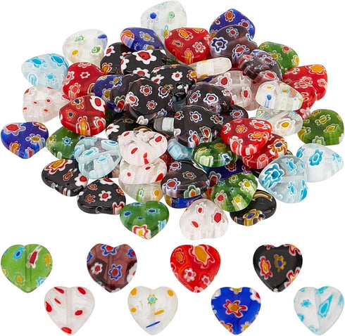 SUNNYCLUE 1 Box 80Pcs Glass Heart Beads Handmade Millefiori Glass Flower Bead Lampwork Beads Valentine's Day Red Heart Beads for Jewelry Making Be...