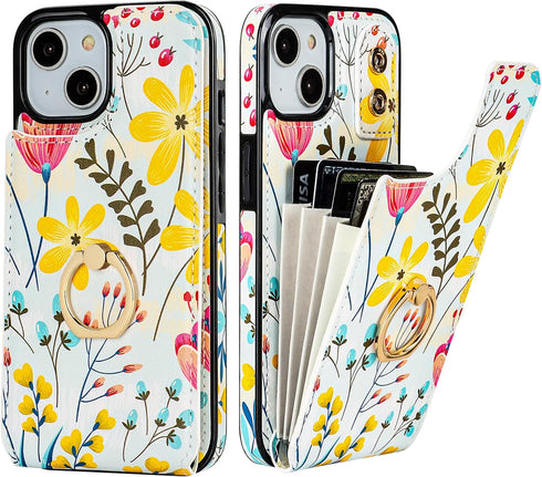 HAOPINSH for iPhone 13/ iPhone 14 Wallet Case with Card Holder, 360°Rotation Ring Kickstand, Floral Flower Pattern, RFID Blocking Leather for Girl...
