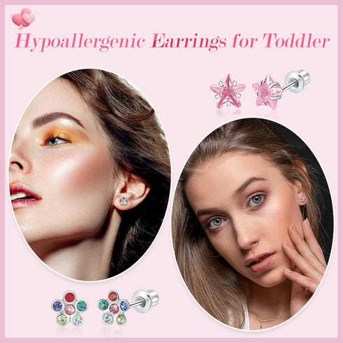 14 Pairs Surgical Steel Screw Back Earrings Sets Hypoallergenic Screw Back Stud Earrings Cute Heart Tiny CZ Flower Pink Stud Earrings for Women...