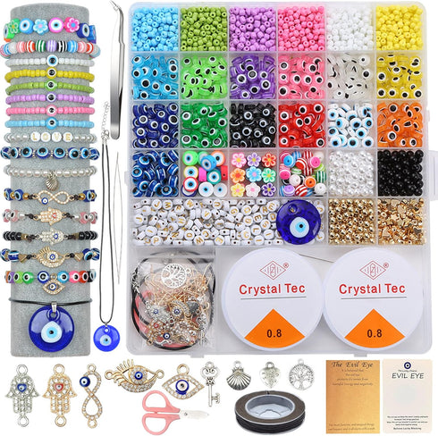 JIYIEW Evil Eye Bracelet Kit 4mm Glass Seed Beads Jewelry Making Kit with Evil Eye Beads, Evil Eye Charms, Clay Beads, Gold Spacer Beads and Elast...