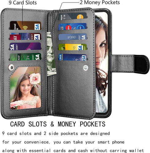Njjex Wallet Case for Galaxy S21 5G - 9 Card Slots, PU Leather, Detachable Kickstand, Magnetic Cover & Lanyard - Black...