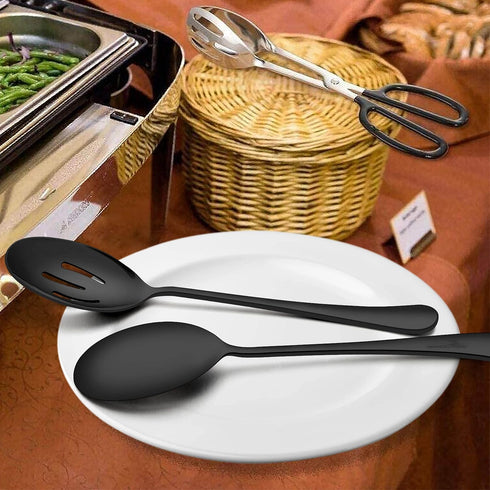 Homikit Stainless Steel 2 Black Serving Spoons, 2 Black Slotted Serving Spoons, 2 Black Serving Forks, Metal Buffet Party Banquet Restaurant Cater...