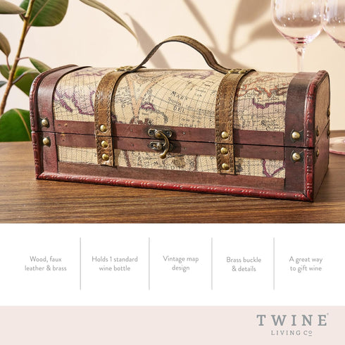 Twine Old World Wine Bottle Gift Box, Wooden Wine Box with Lid and Handle, Wood, Faux Leather, Antique Map Design, Holds 1 Bottle...