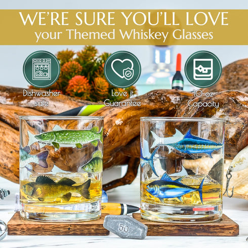 Greenline Goods – Fishing Glass Set for Fisherman and Outdoorsman – Fish Themed 10 oz Whiskey Glass Set of 2 - Freshwater and Saltwater Fish on th...