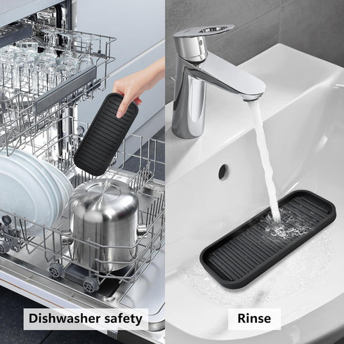 Silicone Sponge Holder Kitchen Sink Organizer Tray Dish Caddy Soap Dispenser, Scrubber Spoon Holder,Dishwashing Accessories 2 Pack (Black)...