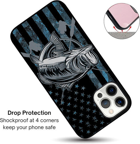 Camo American Flag Bass Fishing Gift Love Fishing Fisherman Case - Compatible with iPhone 14 Pro - Durable Non-Slip TPU Rubber Shockproof Slim Cas...