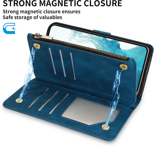 ZZXX for Samsung Galaxy S22 Case Wallet with Card Slot Premium Soft PU Leather Zipper Flip Folio with Wrist Strap Kickstand Protective Case (Blue-...