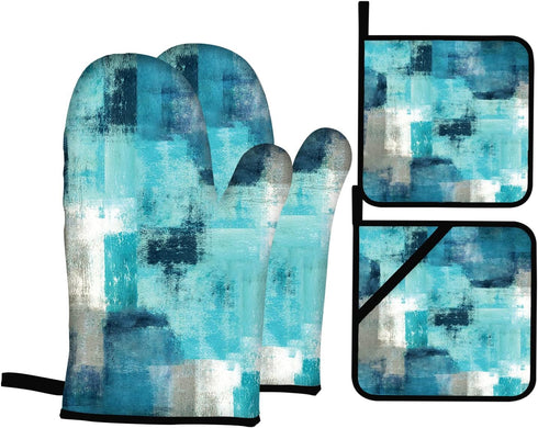 Turquoise Grey Oven Mitts and Pot Holders Sets of 4 Modern Teal Abstract Art Oven Gloves for Kitchen Baking Cooking Grilling (Turquoise)...
