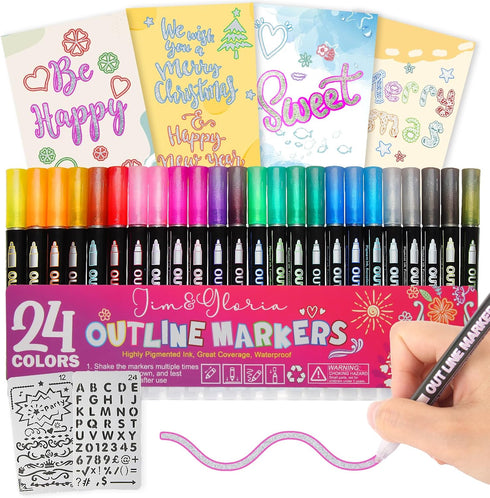 Jim&Gloria Girls Gifts Outline Markers - Birthday Teen Trendy Stuff, Double Line Silver Metallic Glitter Paint Pens Set + Stencils, DIY Crafts Scr...