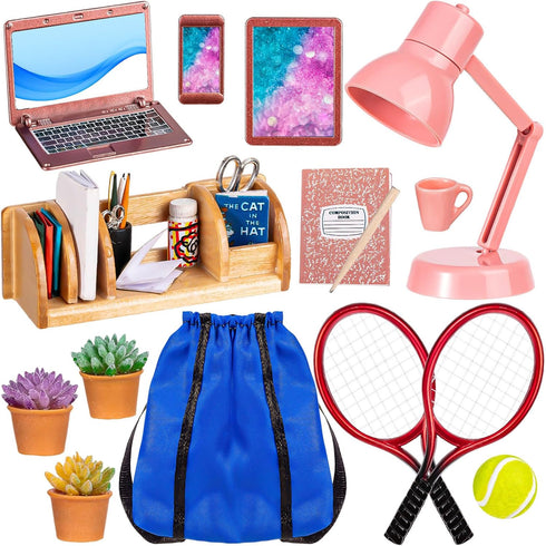 Mini School Supplies, Doll School Supplies Includes Mini Doll Tennis Racket, Laptop, Bookshelf, Tablet, Desk lamp for Dolls Accessories Set...