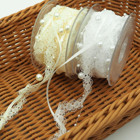 5M/5.5 yards Lace Ribbon Artificial Bead Pearl Ribbon Wedding Flower Christmas Tree Decoration Craft Packaging Valentine's Day Hearts Gift Wrap Ri...