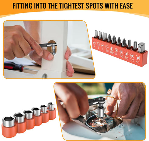 Right Angle Screwdriver Mens Gifts - 90 Degree Offset Ratcheting Screwdriver Pocket Mini Low Profile Ratchet Wrench Bit Socket Set for Tight Space...