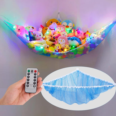 Stuffed Animals Hammock Kids Toy Storage with LED Light Unicorn Castle Plush Toy Organizer Corner Hanging Stuffed Animals Holder For Nursery Kids ...
