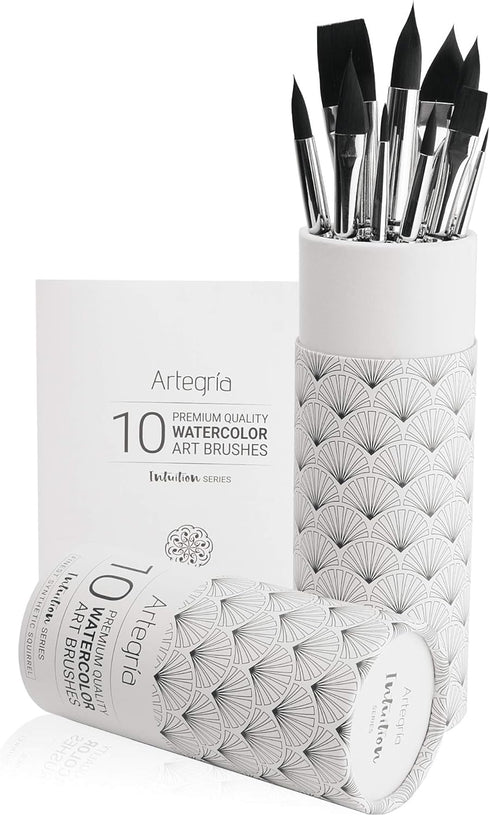 ARTEGRIA Watercolor Brush Set, 10 Professional Soft Synthetic Squirrel Paint Brushes, Including Pointed Rounds, Flats, Dagger, Oval Wash...