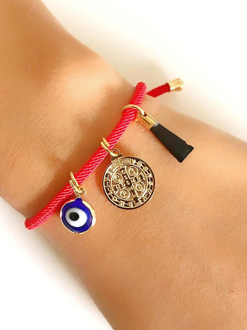 18K Gold Plated Saint Benedict Red String Bracelet Adjustable Charm Evil Eye & Dainty Genuine Azabache Hand...
