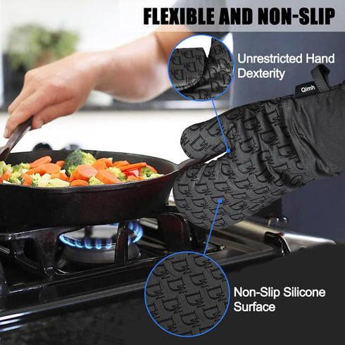 Qimh Oven Mitts and Pot Holders, 4 Pcs Kitchen Oven Mitts Set with Cooking Tongs, High Heat Resistant 500? Extra Long Non-Slip Silicone Surface Ov...