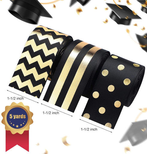 WILLBOND 3 Rolls 1-1/2 Inch Graduation Striped Ribbons Grosgrain Ribbons Dot Fabric Ribbon DIY Craft for School Graduation Gifts Wrapping Headband...
