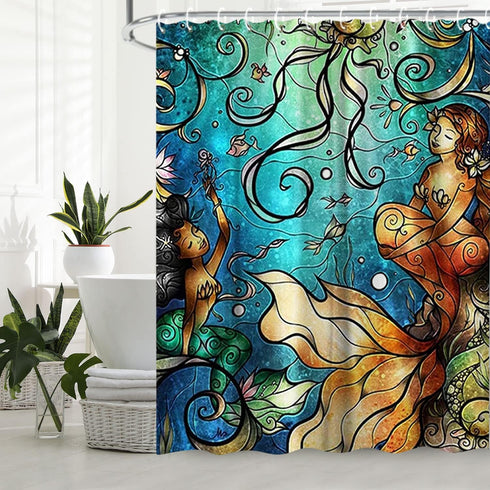LIVILAN Mermaid Shower Curtain, Jellyfish Fabric Bathroom Curtains Set with Hooks Marine Ocean Animals Bathroom Decor Washable 72x72 Inches...